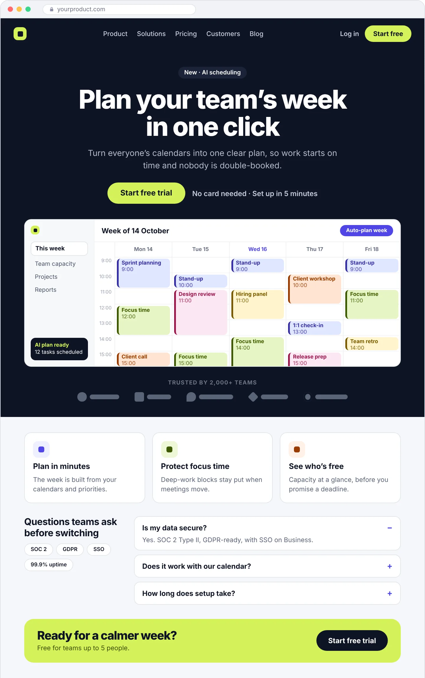 Example SaaS homepage for a scheduling app, with a headline, a start free trial button, a calendar screenshot, customer logos, three benefits, security questions and a closing call to action