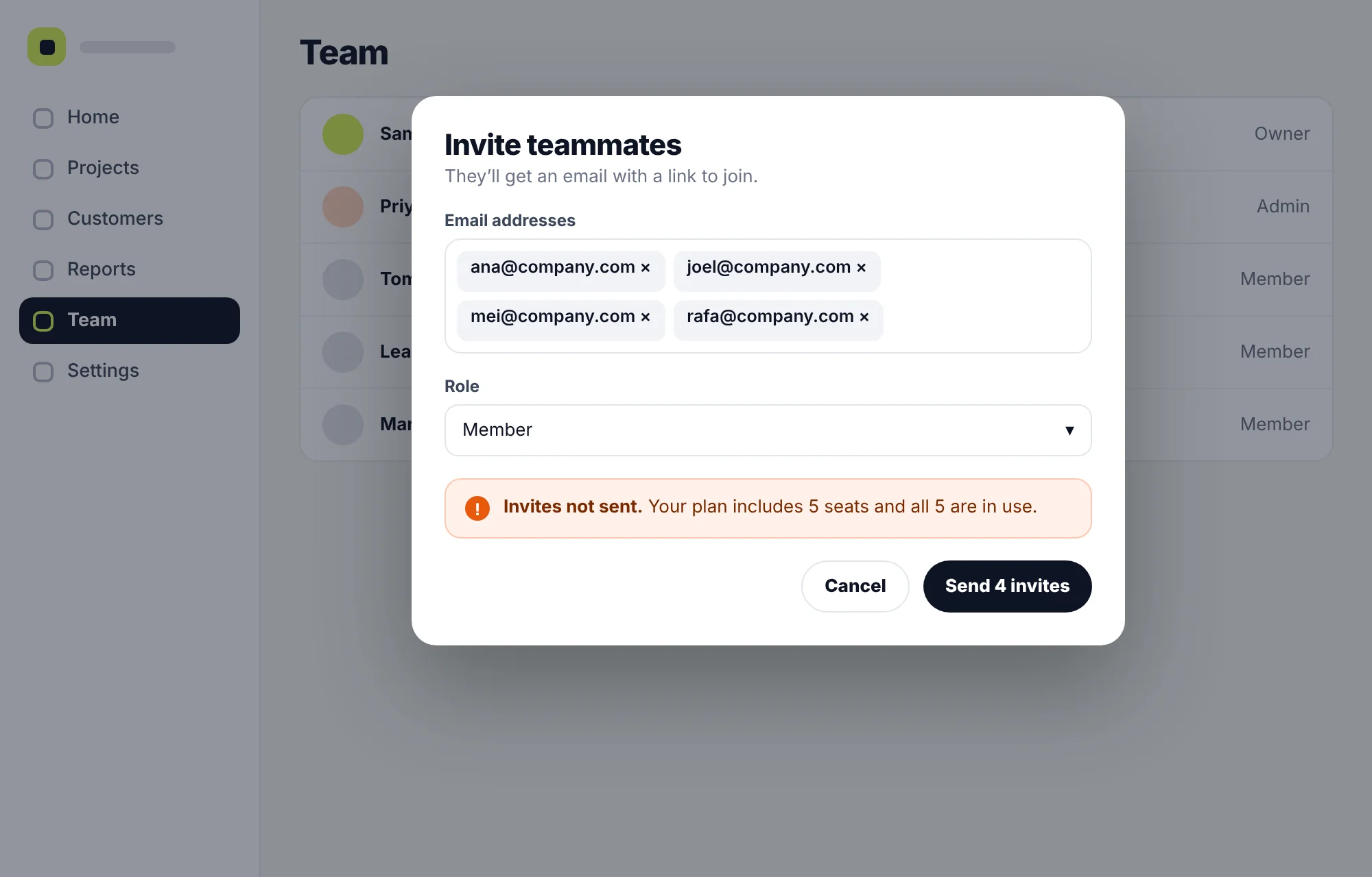 An invite teammates dialog with four email addresses and an error saying no seats are left
