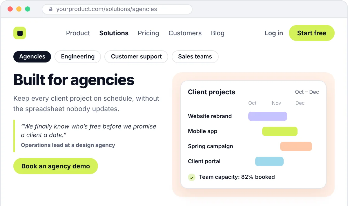 Example use-case page for agencies with a client project timeline