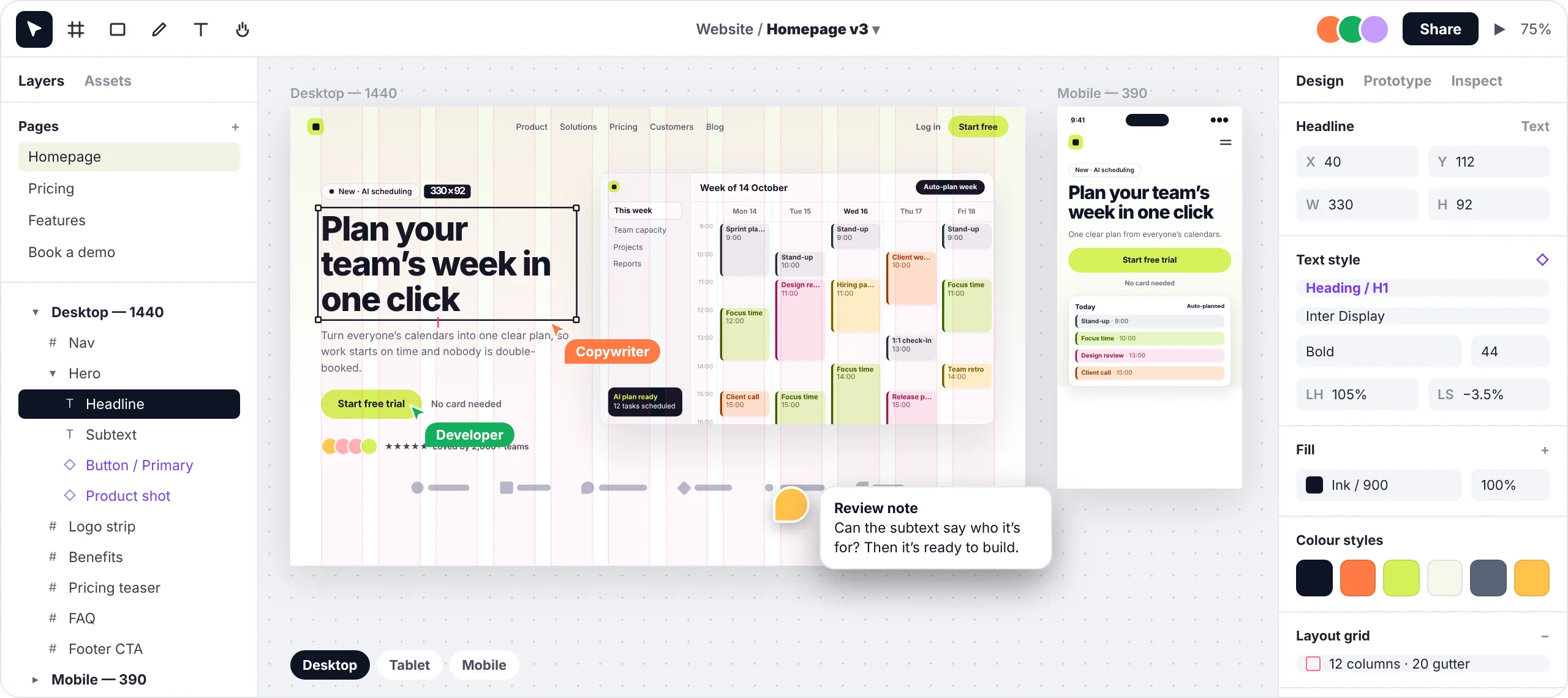 A SaaS homepage being designed in a design tool: desktop and mobile artboards on a 12-column grid, the headline selected with its size and text style, a layers panel, colour styles, teammate cursors and a review note
