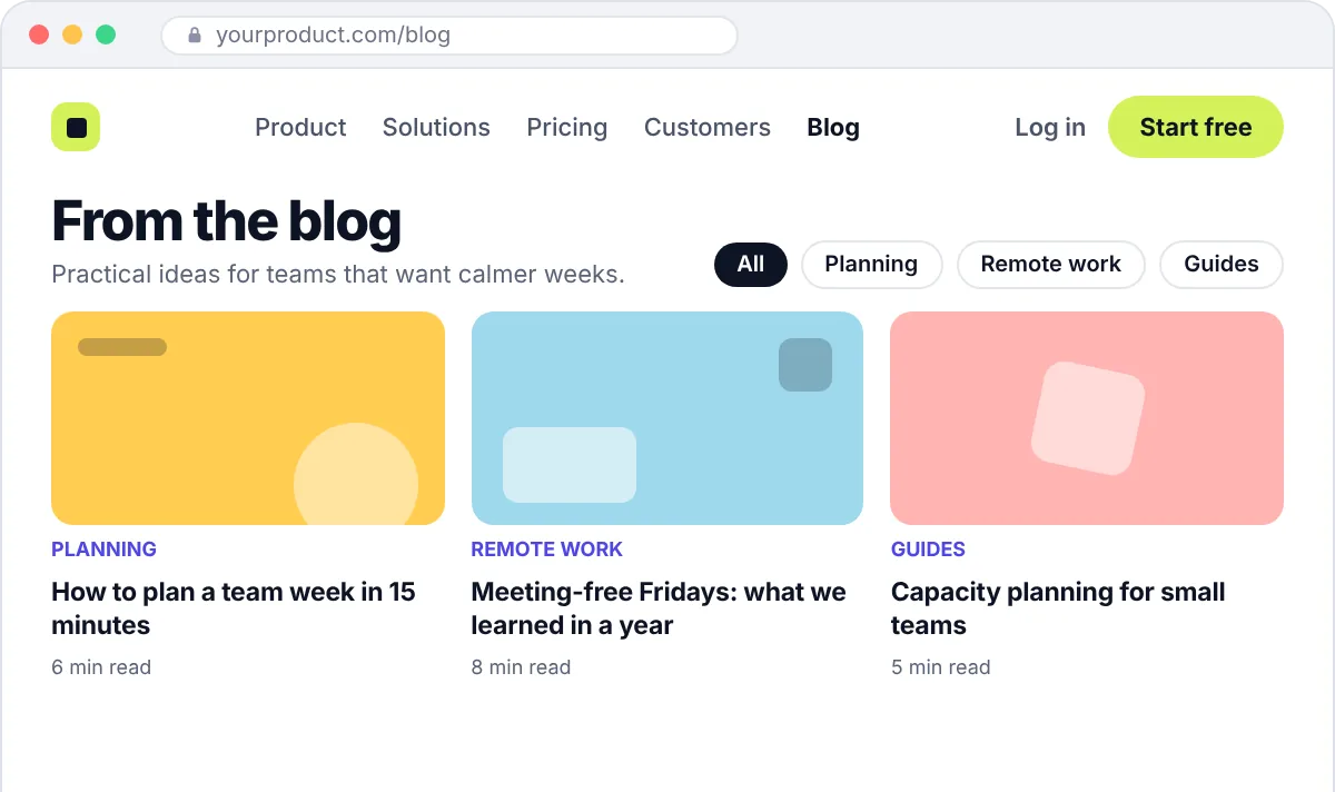 Example SaaS blog page with three article cards