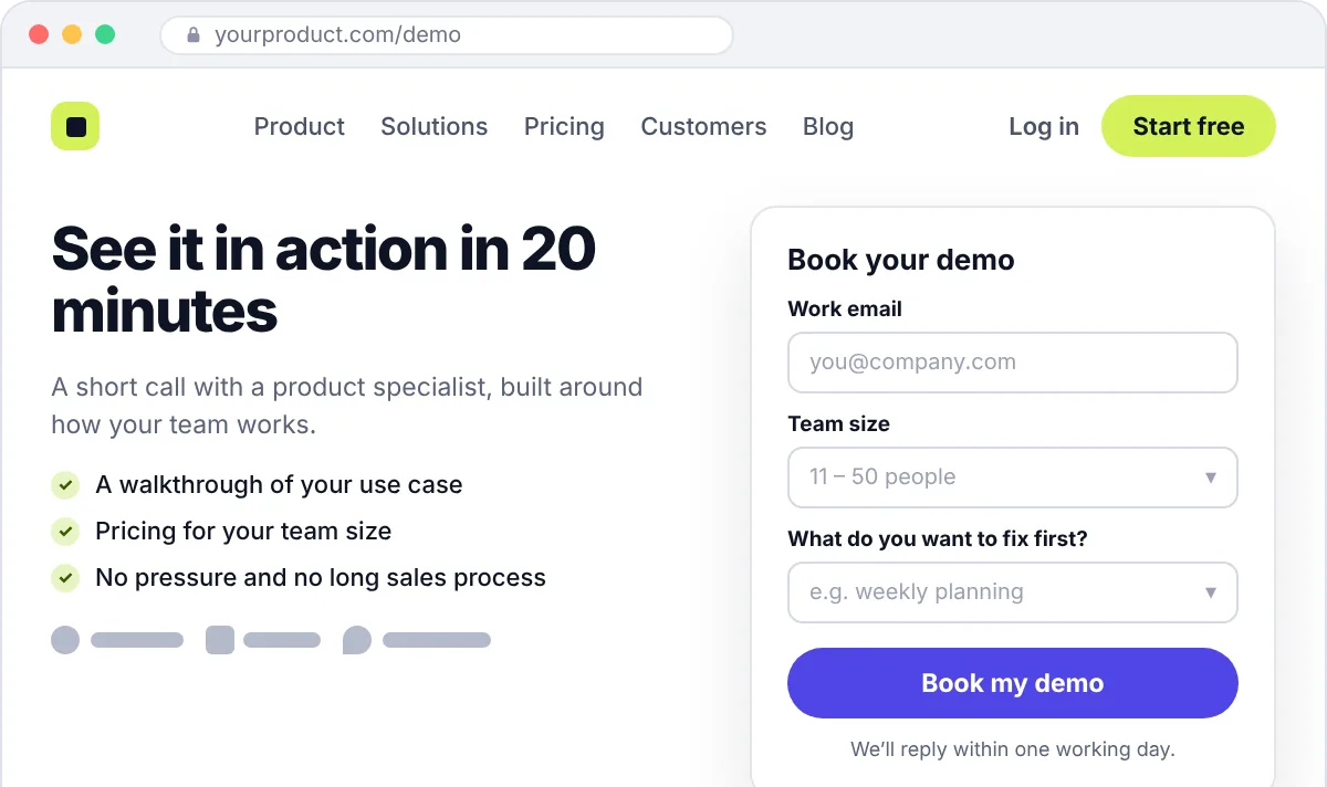 Example demo booking page with a short three-field form