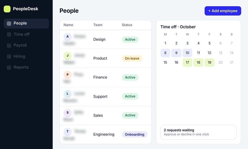 An HR management web app showing a people table with a time-off calendar