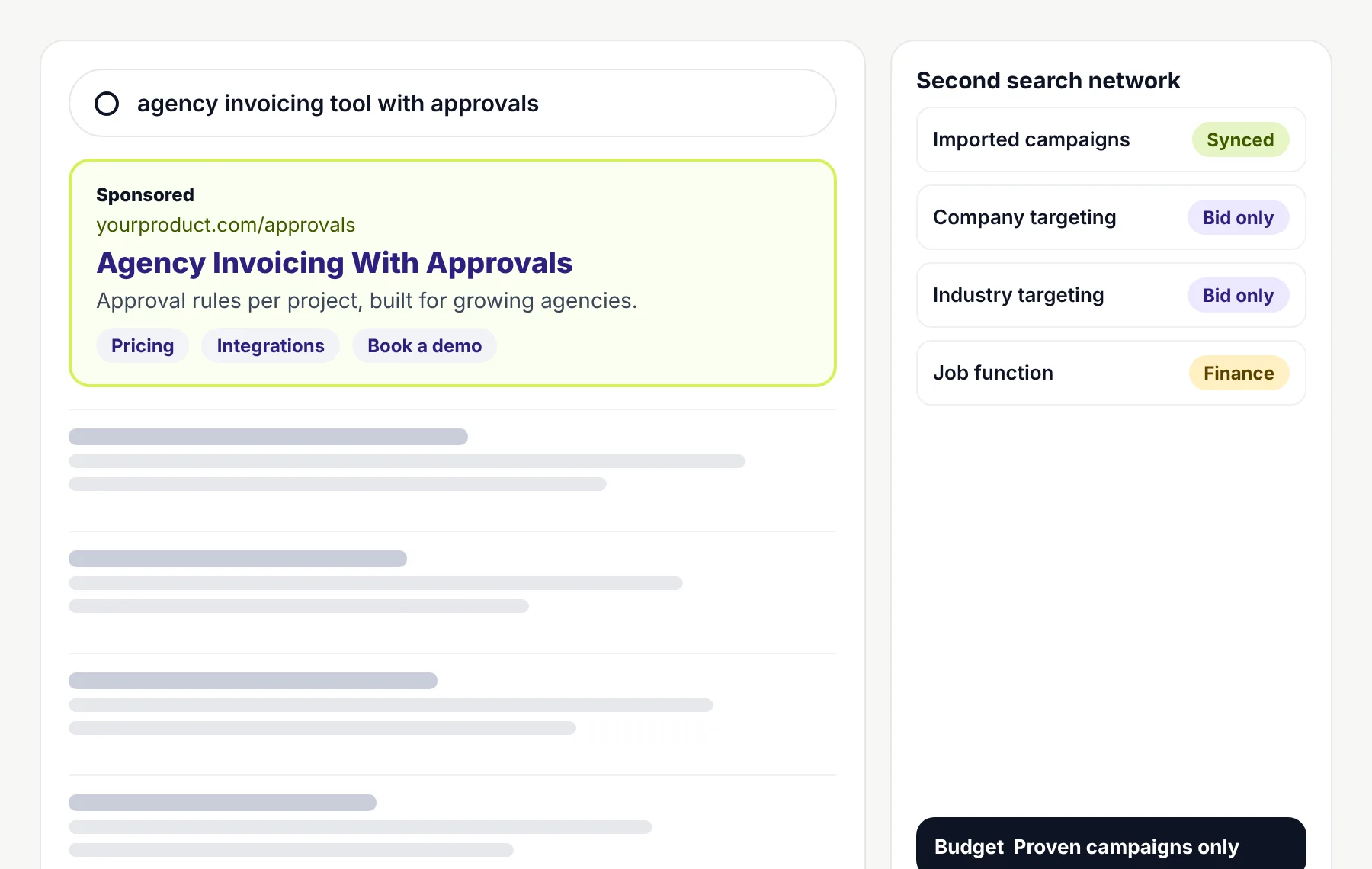 A second search engine results page with a sponsored ad for agency invoicing, next to a panel showing imported campaigns and bid only company and industry targeting