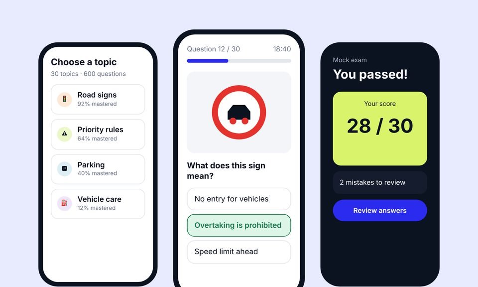 Three screens of a driving theory learning app: topics list, a road sign quiz question and a passed mock exam