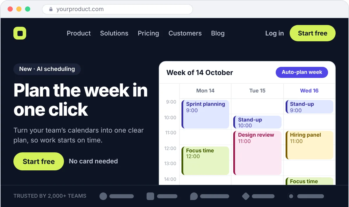 Example SaaS homepage with a headline, a Start free button and a weekly calendar screenshot